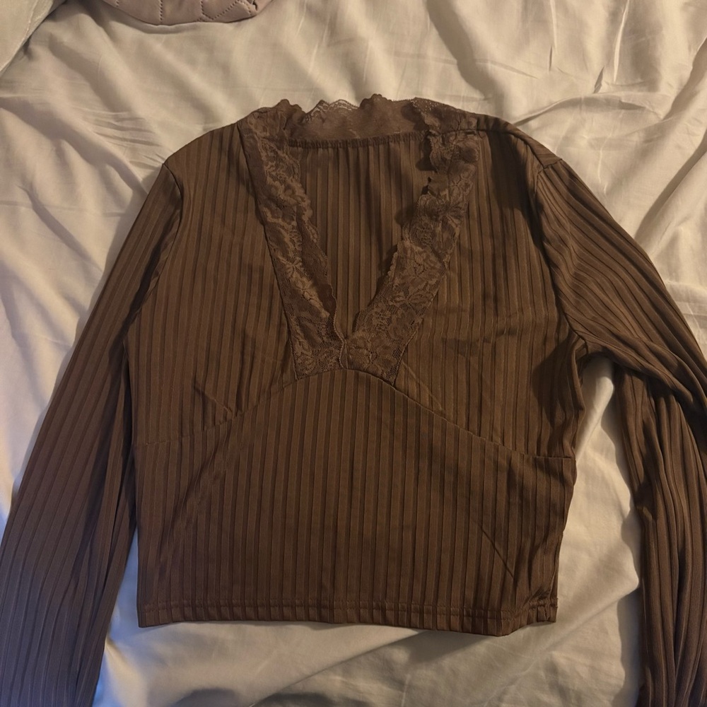 Brown Lace Trim Ribbed Women's Top